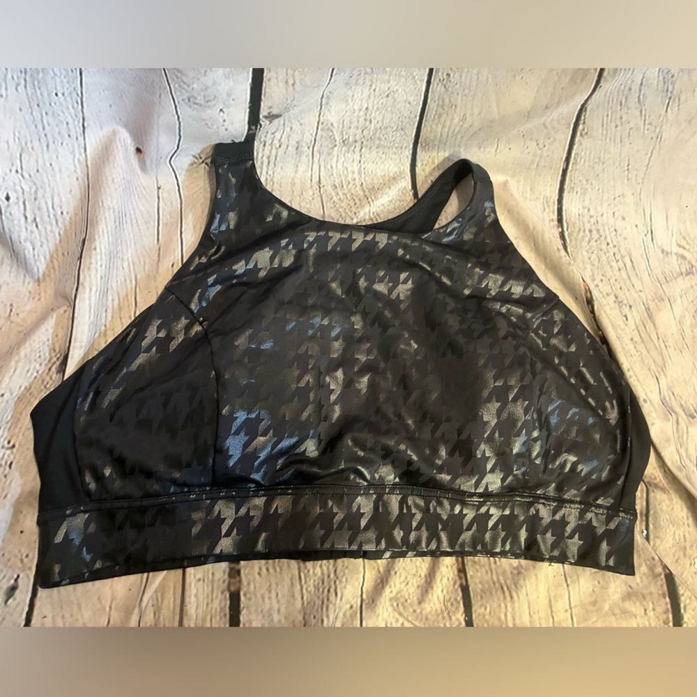 Xersion Womens Black Metallic Houndstooth Faux Leather Racerback Sport Bra Sz 3X